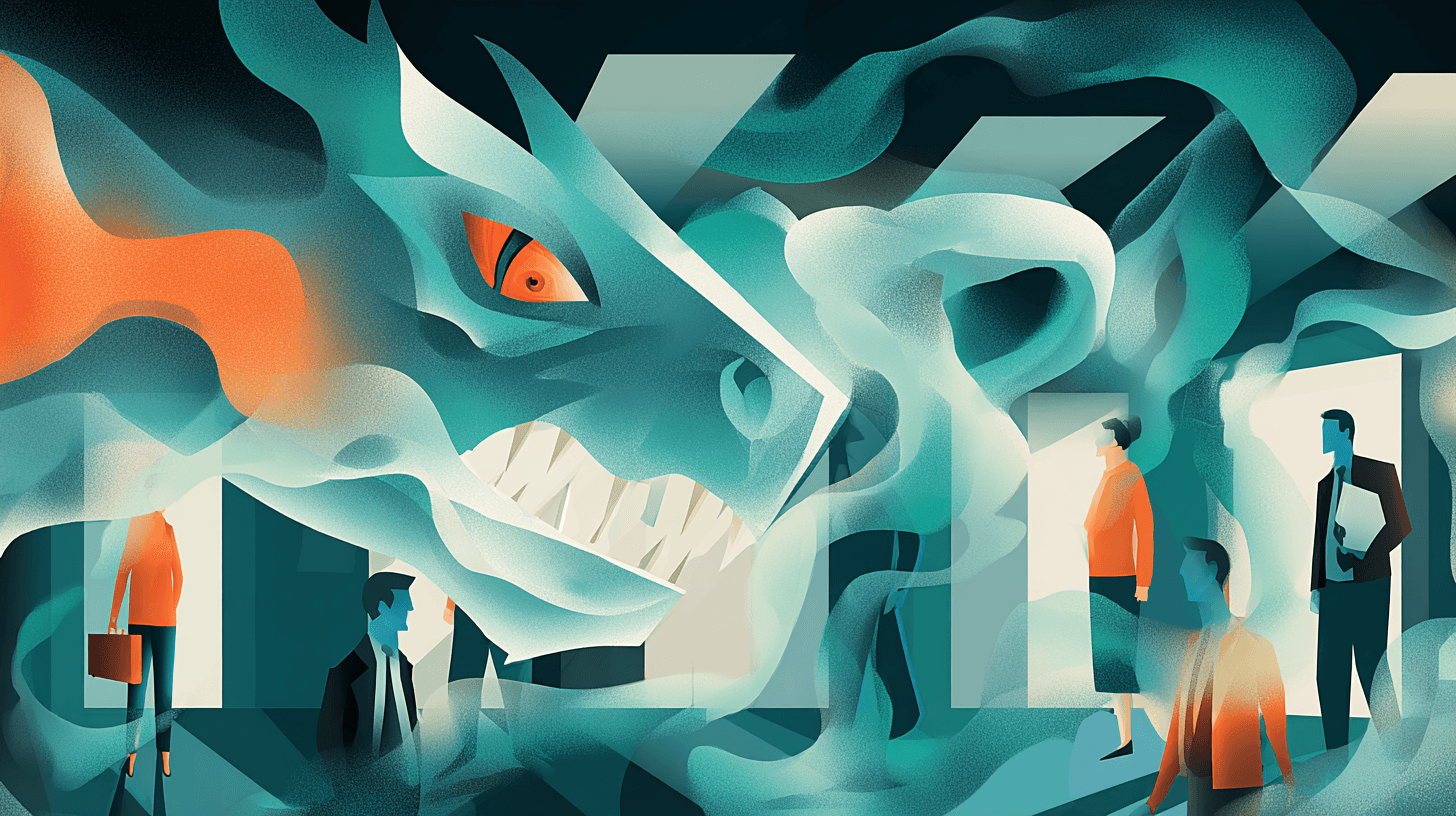 Schattendrache über Büro symbolisiert unbenannte Ängste