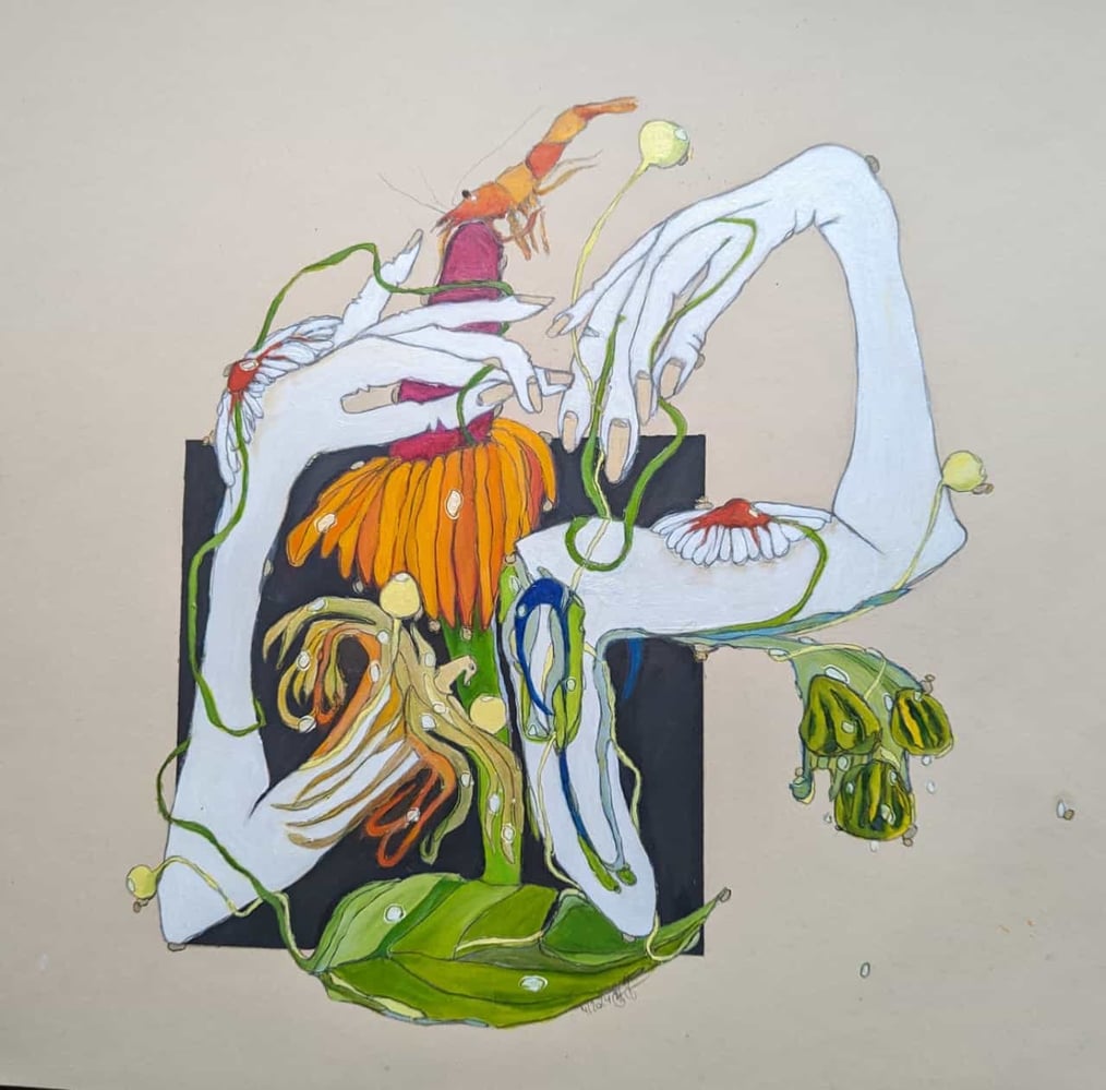 Kunstwerk "Rücken-Ansicht" - Öl auf Papier mit symbolischer Darstellung von Armen, Echinacea-Pflanze und Vogel