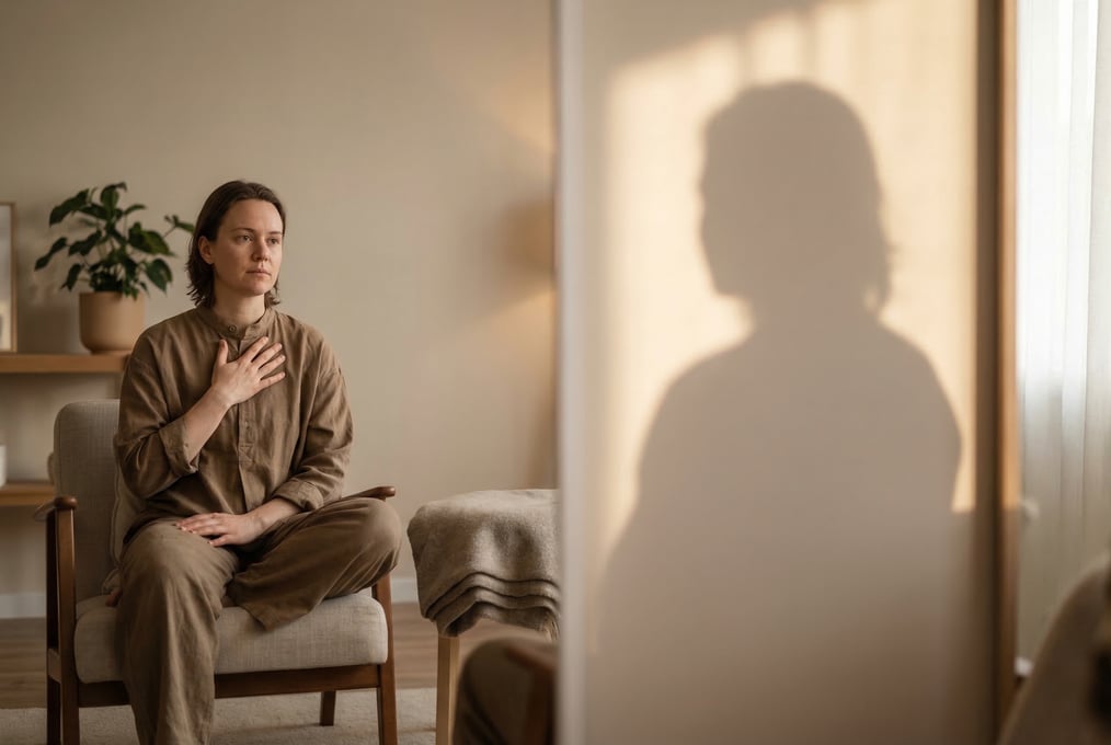 Eine Person im Dialog mit ihrem inneren Schatten zum Thema emotionale Selbsterkenntnis