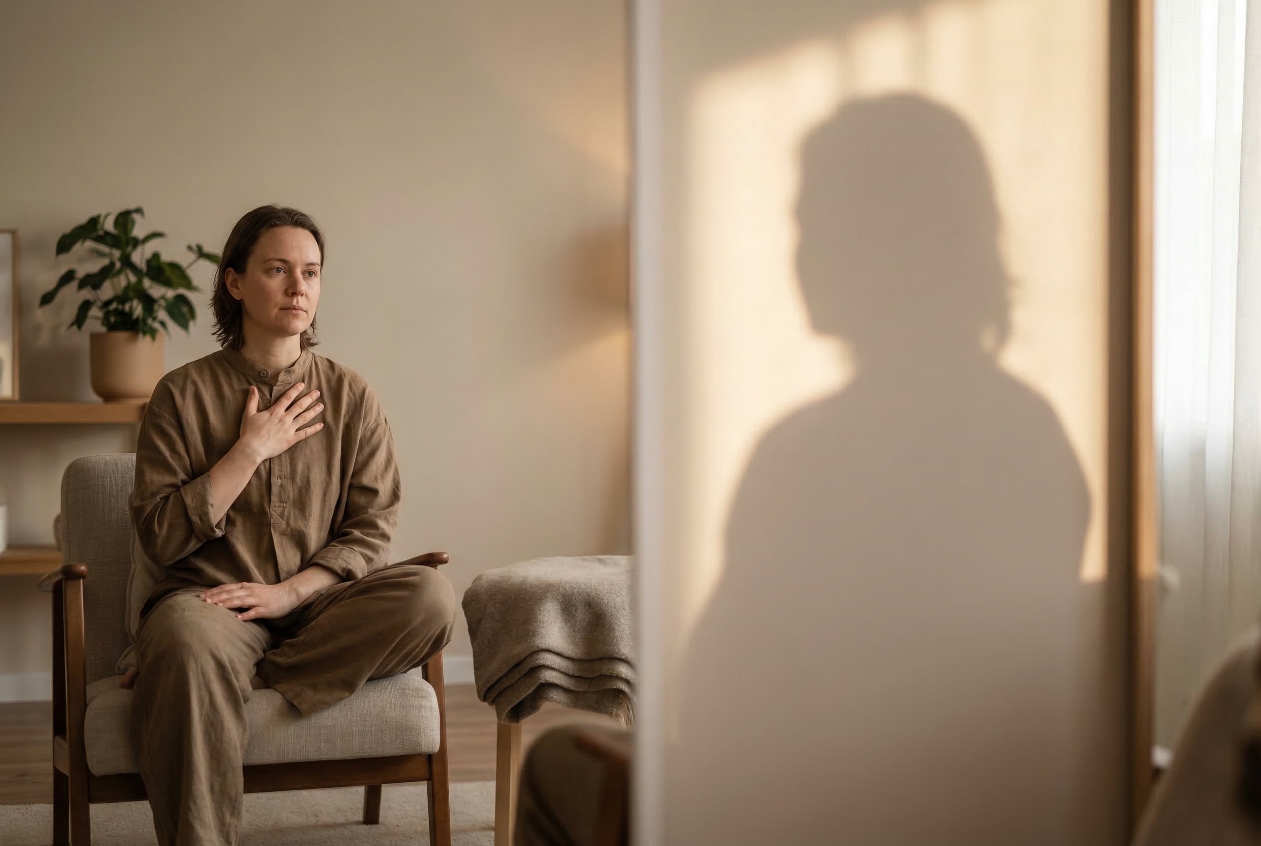 Eine Person im Dialog mit ihrem inneren Schatten zum Thema emotionale Selbsterkenntnis