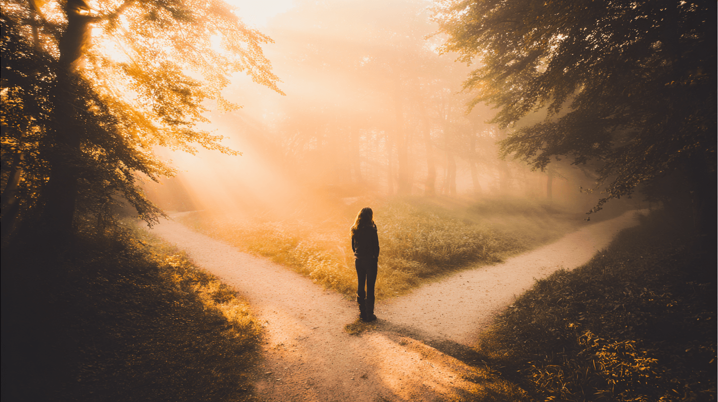 Weggabelung im Wald - Metapher für Zukunftsentscheidungen